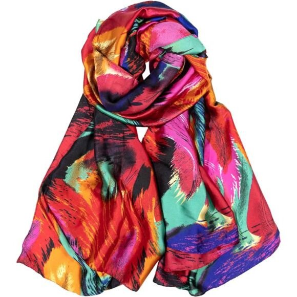 Silk Feeling Long Scarf Colorful Feather - Picture 1 of 7